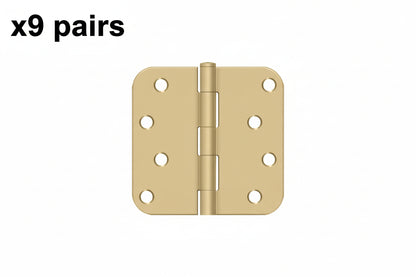 9 pairs Deltana S44R5 4" X 4" Plain Bearing 5/8" Radius Corners Mortise Hinge - Pair Brushed Brass Door Hinge Plain Bearing