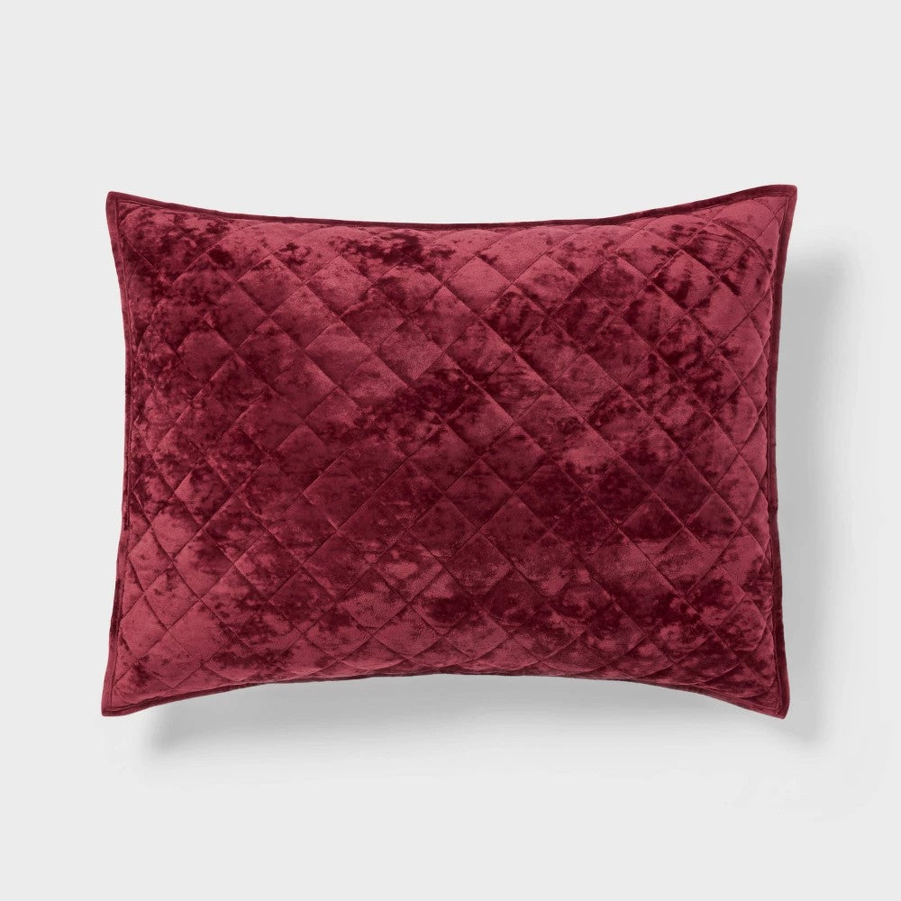 Standard Luxe Diamond Stitch Velvet Quilt Pillow Sham Berry Red - Threshold™: Recycled Polyester OEKO-TEX Certified
