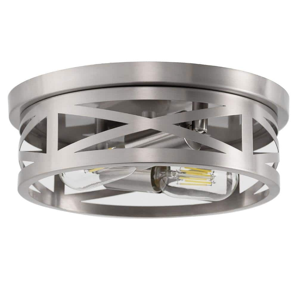 11 in. 2-Light Brushed Nickel Flush Mount with No Bulbs Included for Bedroom
