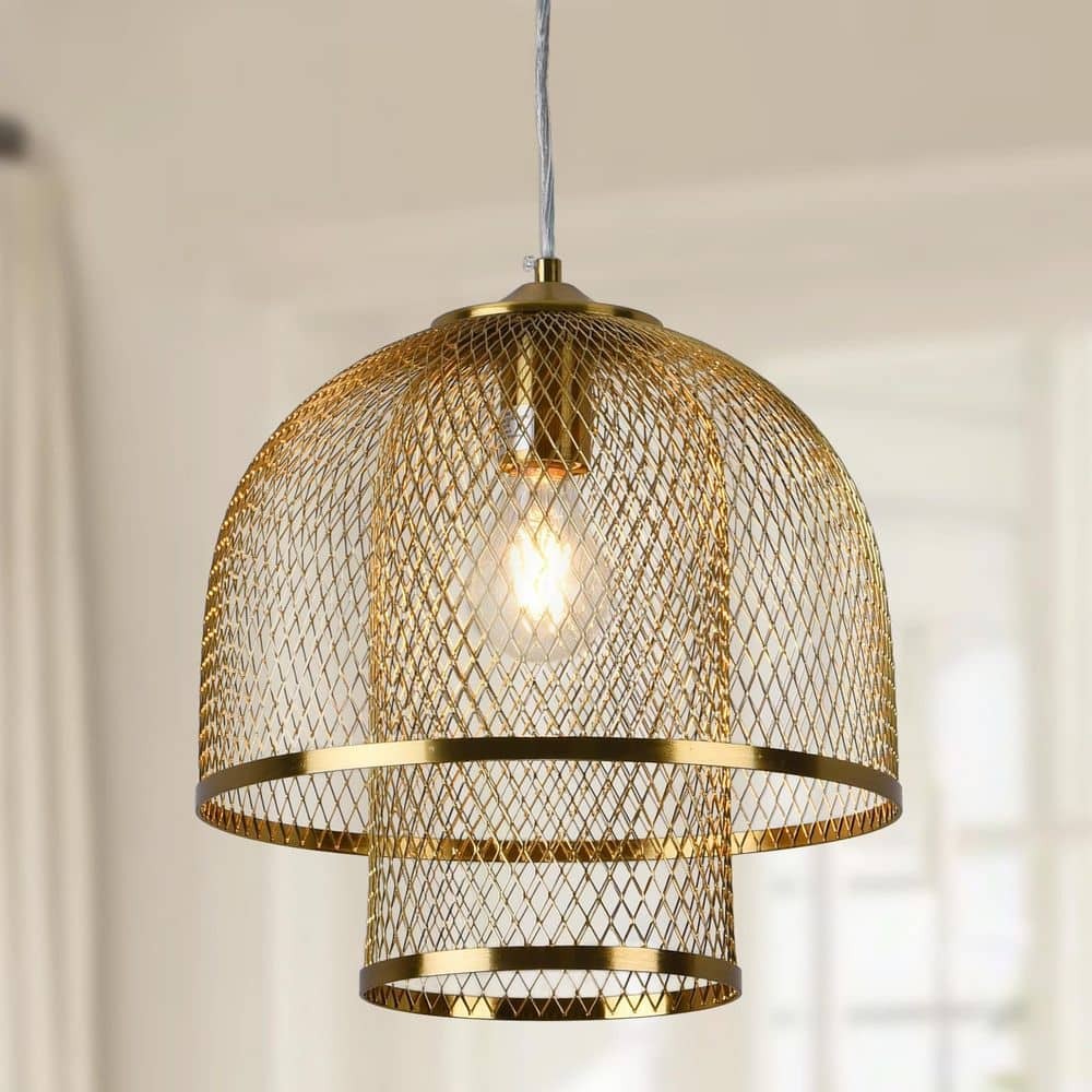 PAKOKULA 11.8 in. 1-Light Gold Dome Pendant Light with Double Metal Mesh Open Cage Shade