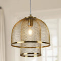 PAKOKULA 11.8 in. 1-Light Gold Dome Pendant Light with Double Metal Mesh Open Cage Shade