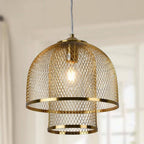 PAKOKULA 11.8 in. 1-Light Gold Dome Pendant Light with Double Metal Mesh Open Cage Shade