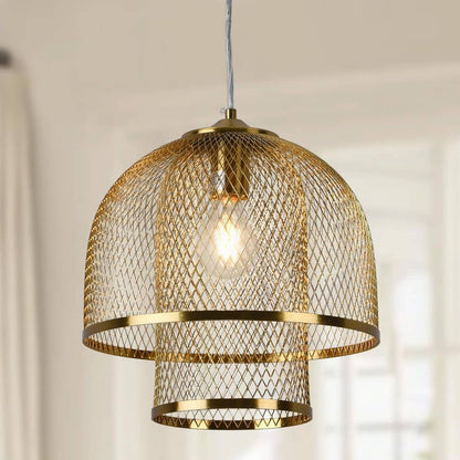 PAKOKULA 11.8 in. 1-Light Gold Dome Pendant Light with Double Metal Mesh Open Cage Shade