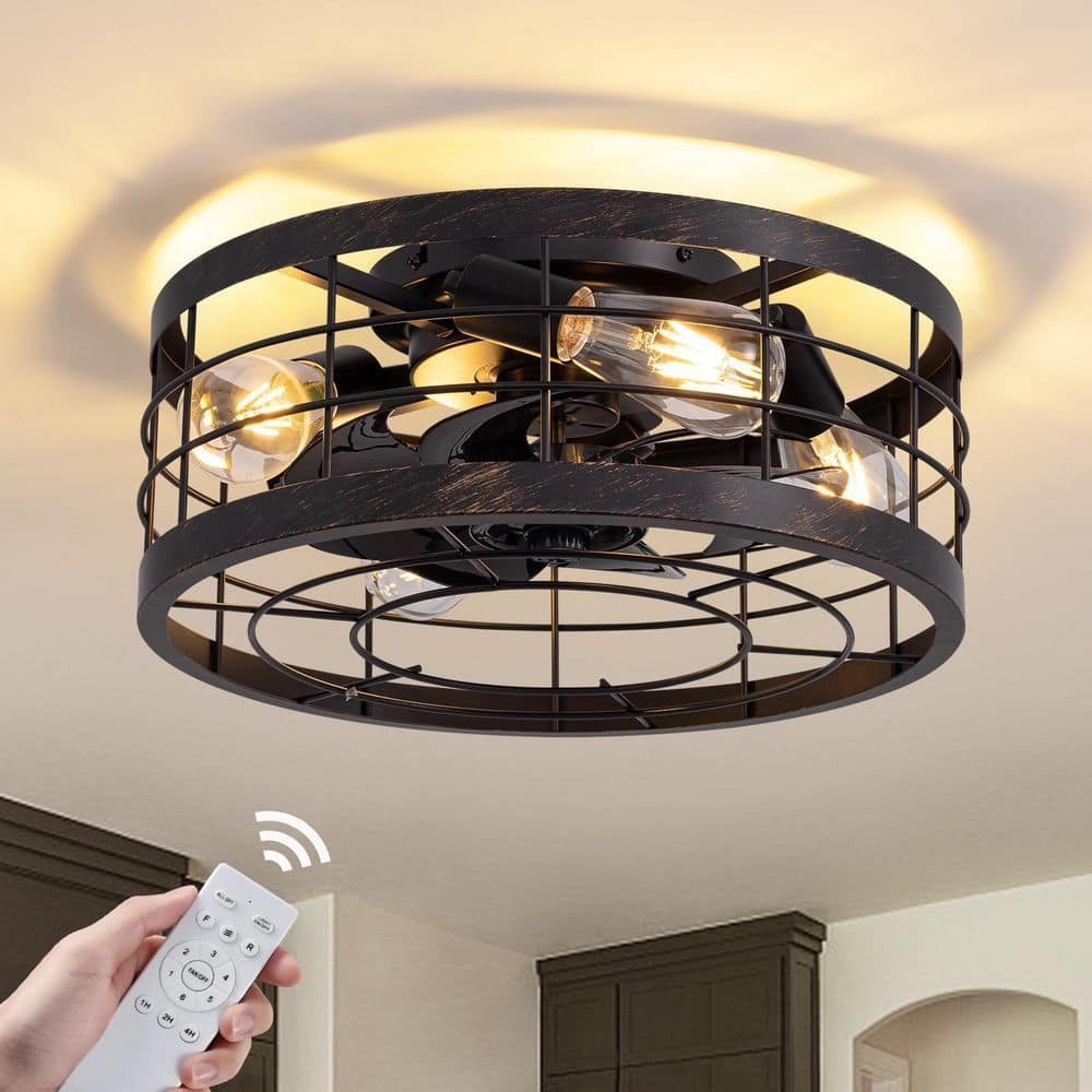 Pacific Core 16 in. Indoor Industrial Round Caged Low Profile Ceiling Fans with No Bulb Included with Remote Included