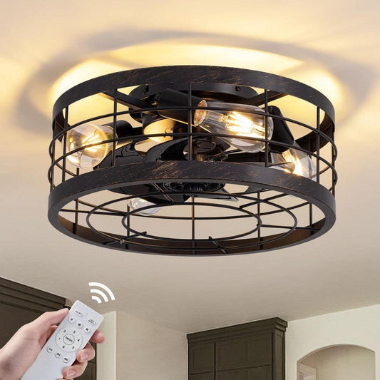 Pacific Core 16 in. Indoor Industrial Round Caged Low Profile Ceiling Fans with No Bulb Included with Remote Included
