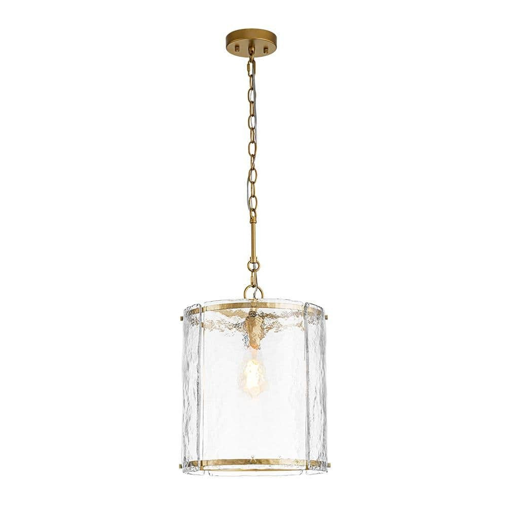 Y'INSP 12.6 in. 1-Light Modern Farmhouse Gold Adjustable Chain Pendant Light with Cylinder Handcrafted Textured Glass Shade
