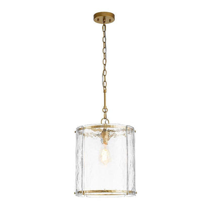 Y'INSP 12.6 in. 1-Light Modern Farmhouse Gold Adjustable Chain Pendant Light with Cylinder Handcrafted Textured Glass Shade