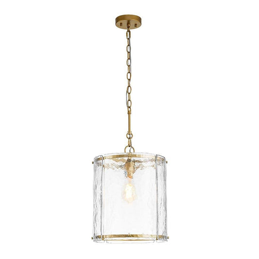 Y'INSP 12.6 in. 1-Light Modern Farmhouse Gold Adjustable Chain Pendant Light with Cylinder Handcrafted Textured Glass Shade