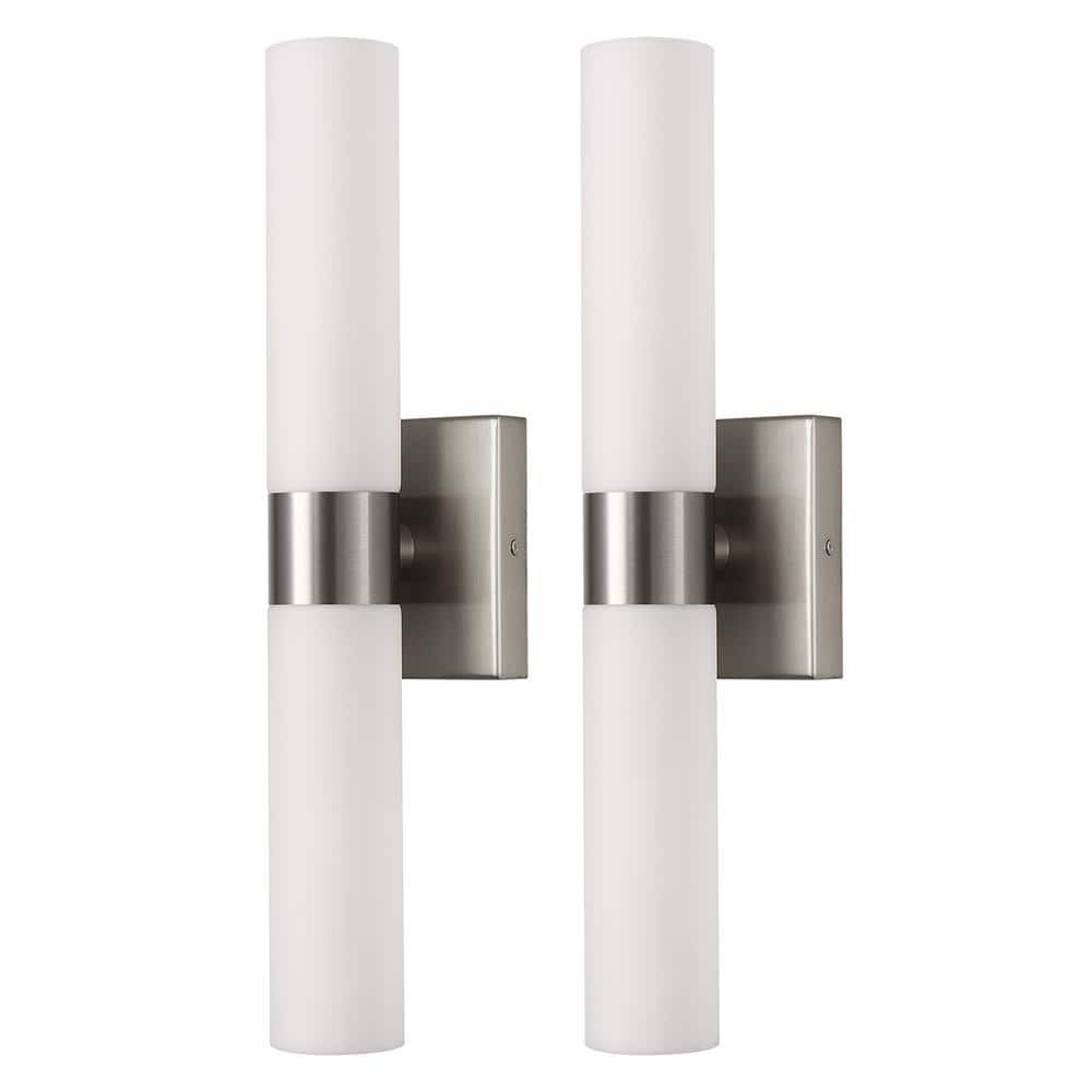 YANSUN 18 in. 2-Light Modern Brushed Nickel and White Double Tube Wall Sconce for Bathroom, Bedroom, or Hallway