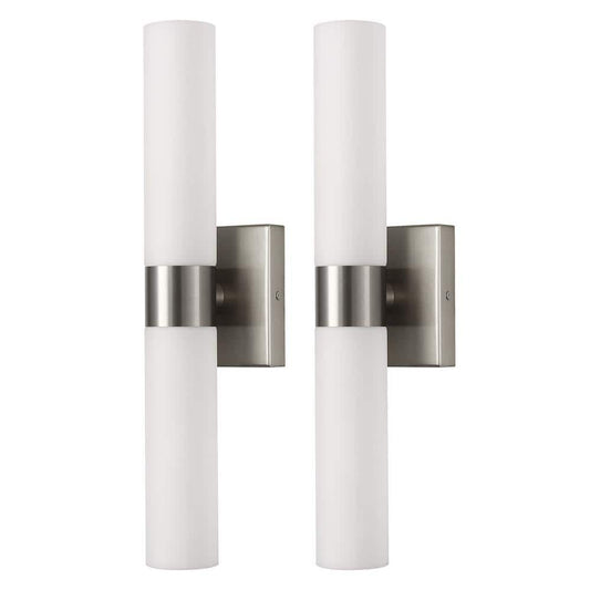 YANSUN 18 in. 2-Light Modern Brushed Nickel and White Double Tube Wall Sconce for Bathroom, Bedroom, or Hallway