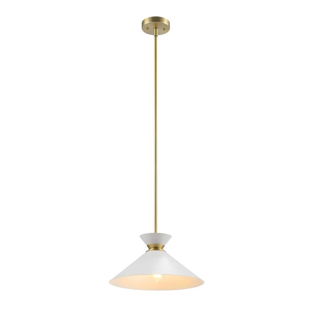 GLOBE Electric 1-Light Pendant Light Matte Brass Finish White Tapered Metal Shade with Ring Detail Adjustable Rods
