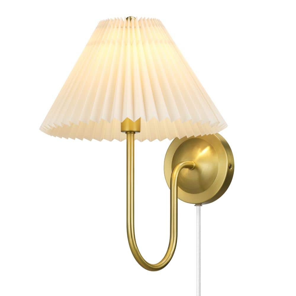Delphine 11 in. 1-Light Matte Brass Plug-in or Hardwire Wall Sconce with Pleated Fabric Shade, Living Room, Bedroom