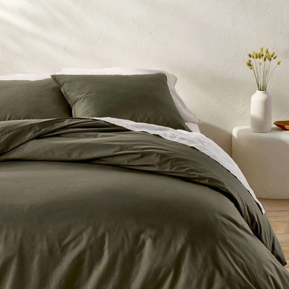 King Cotton Percale Duvet Set Olive Green - Casaluna