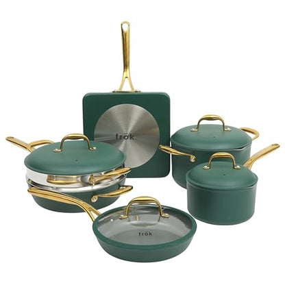 Frok 10 Piece Pots and Pans 4MM Thick Quick Heat Aluminum Cookware Set W/Premium PFA Free Ceramic Nonstick Interior Heat Resistant Exterior - Inductio