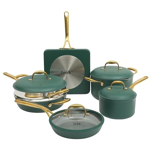 Frok 10 Piece Pots and Pans 4MM Thick Quick Heat Aluminum Cookware Set W/Premium PFA Free Ceramic Nonstick Interior Heat Resistant Exterior - Inductio