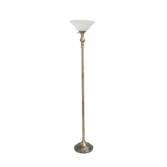 Elegant Designs 71 in. 1-Light Antique Brass Torchiere Floor Lamp with Marbleized White Glass Shade