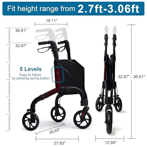 Premium 3 Wheel Rollator Walker for Seniors, Lightweight Foldable Elderly Three Wheeled Rollator with Storage Bag, Aluminum Mobility Aid Rolling Walke