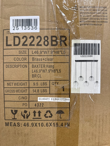 Living District Baxter 5 LTS Brass Pendant with Clear Glass