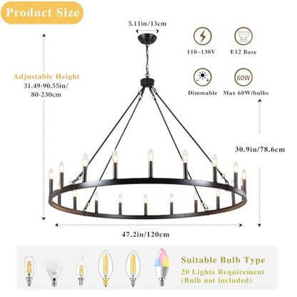 SJCCDSGS 47.2 Inches Black Wagon Wheel Chandelier- 20 Light Large Farmhouse Chandelier