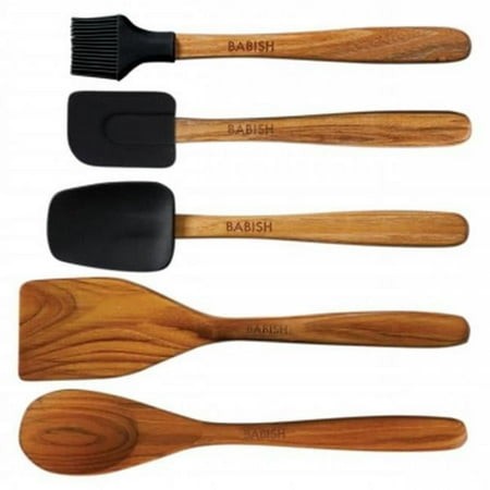 5 Piece Wood and Silicone Essential Kitchen Tool Set in Brown