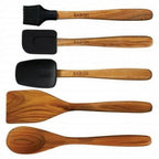 5 Piece Wood and Silicone Essential Kitchen Tool Set in Brown