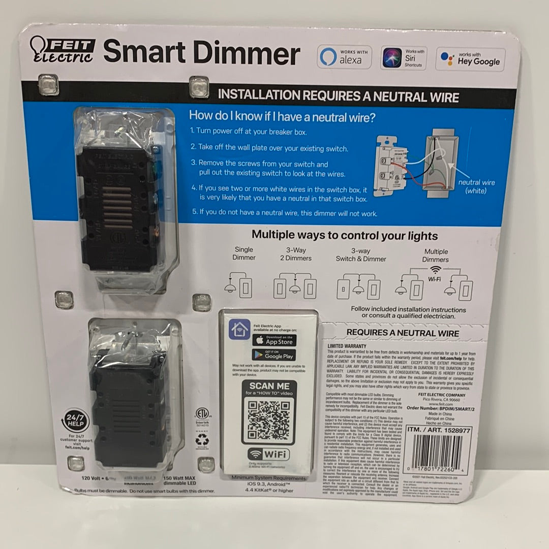 Feit Electric Wi-Fi Smart Dimmer 2-pack Alexa Siri & Google