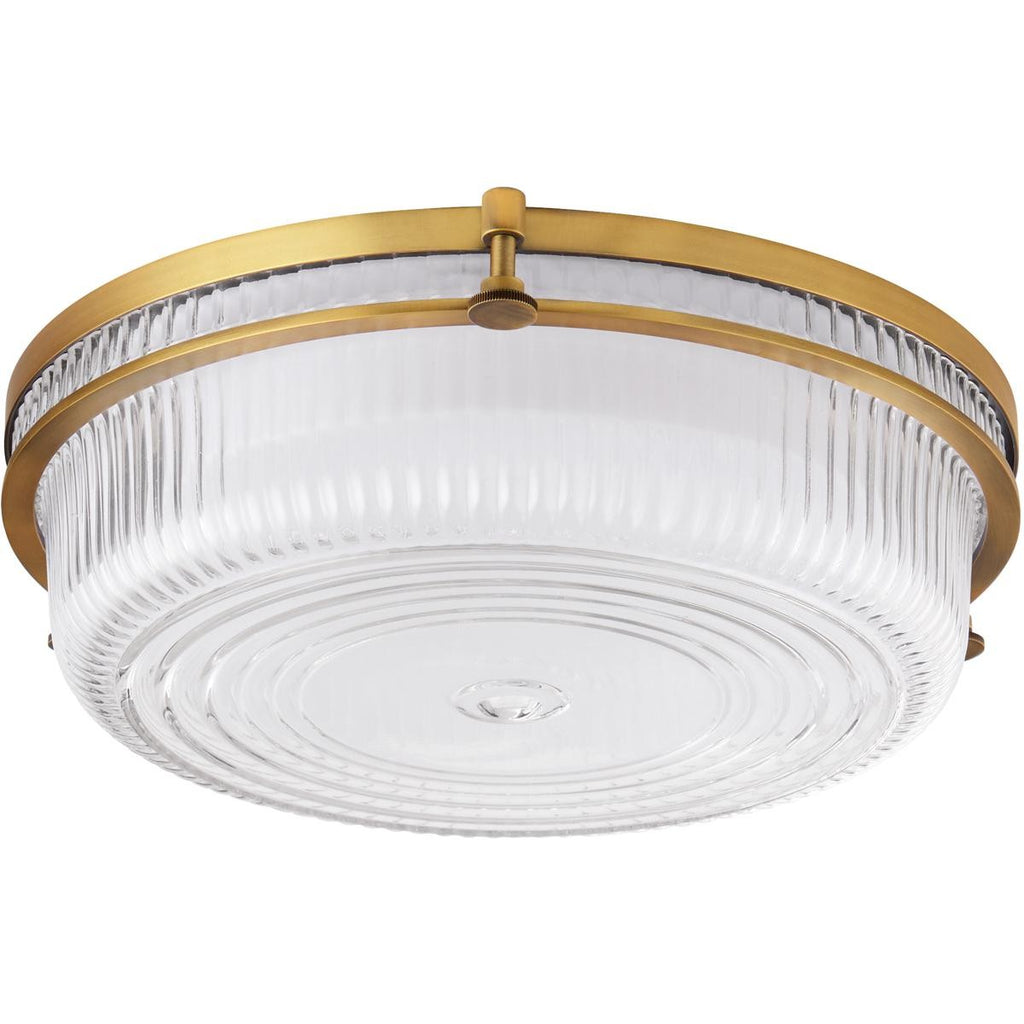 Quorum International 368-14 Emory 14" Wide LED Flush Mount Drum Ceiling Fixture with Clear, Ribbed Glass Shade - Brushed Brass