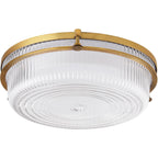 Quorum International 368-14 Emory 14" Wide LED Flush Mount Drum Ceiling Fixture with Clear, Ribbed Glass Shade - Brushed Brass
