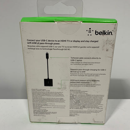 Belkin - USB C to HDMI Adapter + USBC Charging Port, 4K UHD Video, 60W Passthrough Power - Black