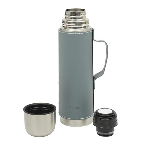 Mr. Coffee Leatherette 23 Oz Stainless Steel Thermal Bottle – Double Wall Insulated Flask with Faux Leather Sleeve & Carry Handle, Blue – Leak-Pro