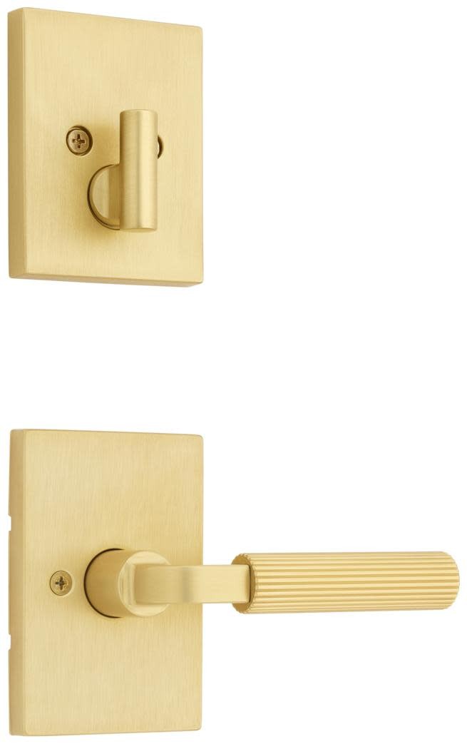 Kwikset 971MALRCT Mirada Lever Keyed Entry Handleset Interior Pack with Fluted Handle and Rectangle Rose Satin Brass Door Hardware Handlesets Keyed