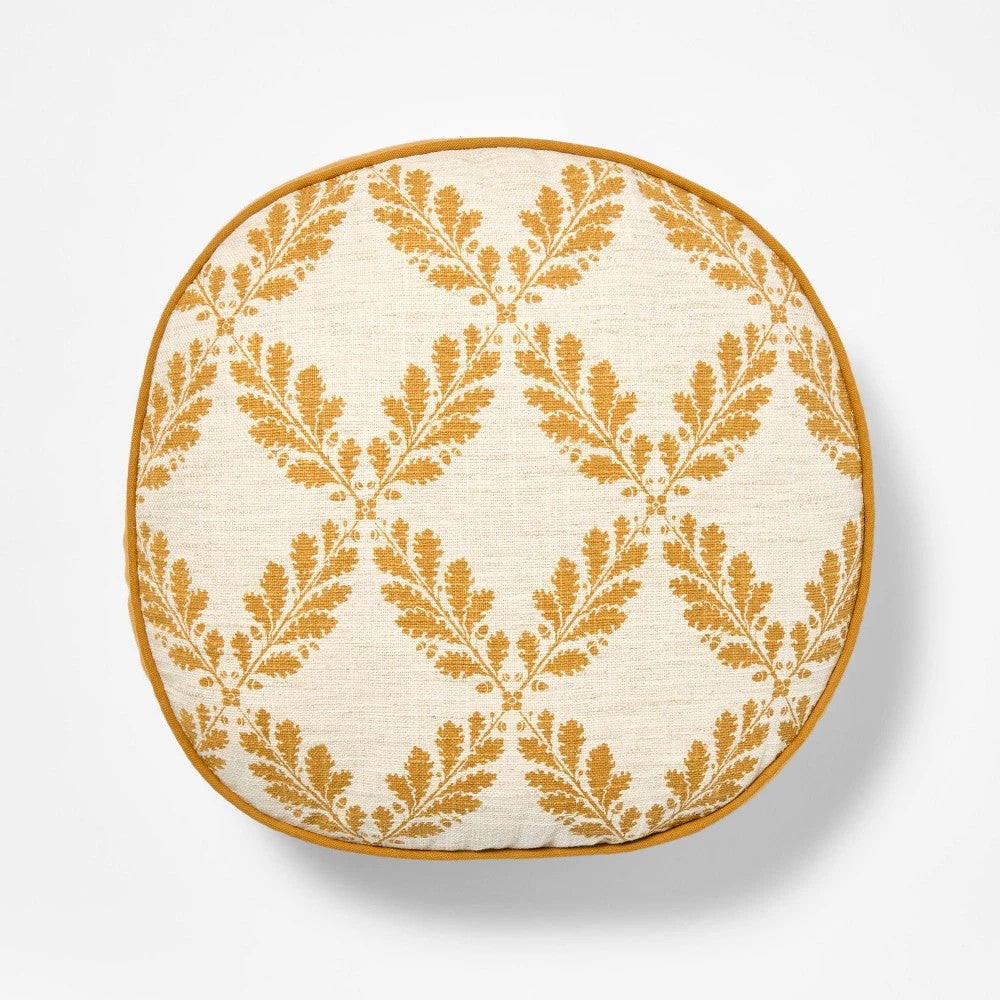 Golden Yellow and Cream Leaf Pattern Round Pillow - 16" - Threshold Designed with Studio McGee