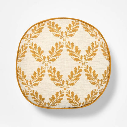 Golden Yellow and Cream Leaf Pattern Round Pillow - 16" - Threshold Designed with Studio McGee