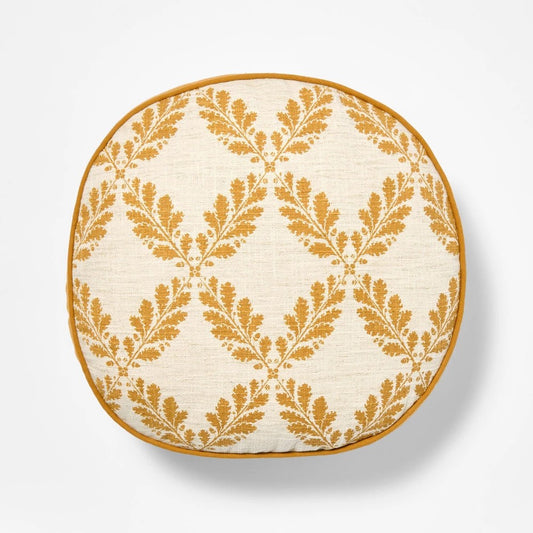 Golden Yellow and Cream Leaf Pattern Round Pillow - 16" - Threshold Designed with Studio McGee