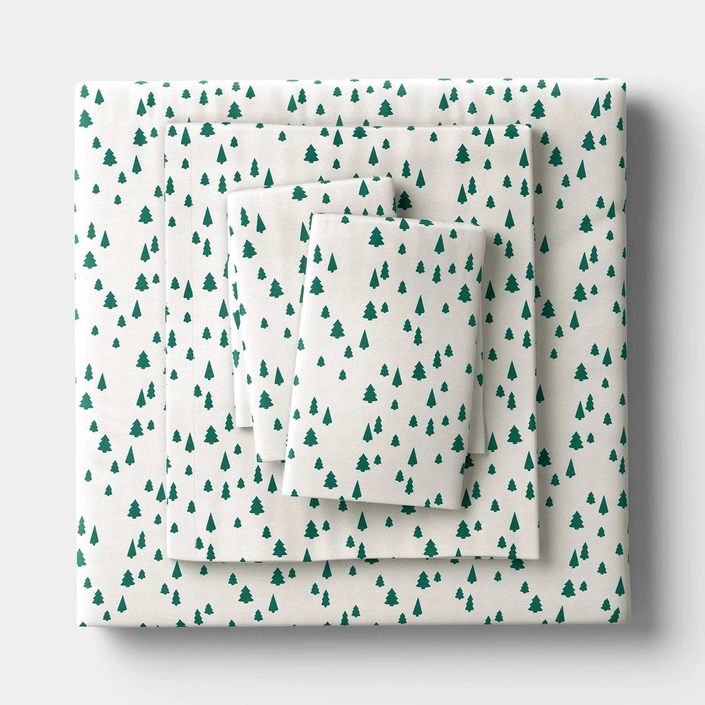 Queen Christmas Holiday Cotton Sateen Sheet Set Tree Scene - Wondershop