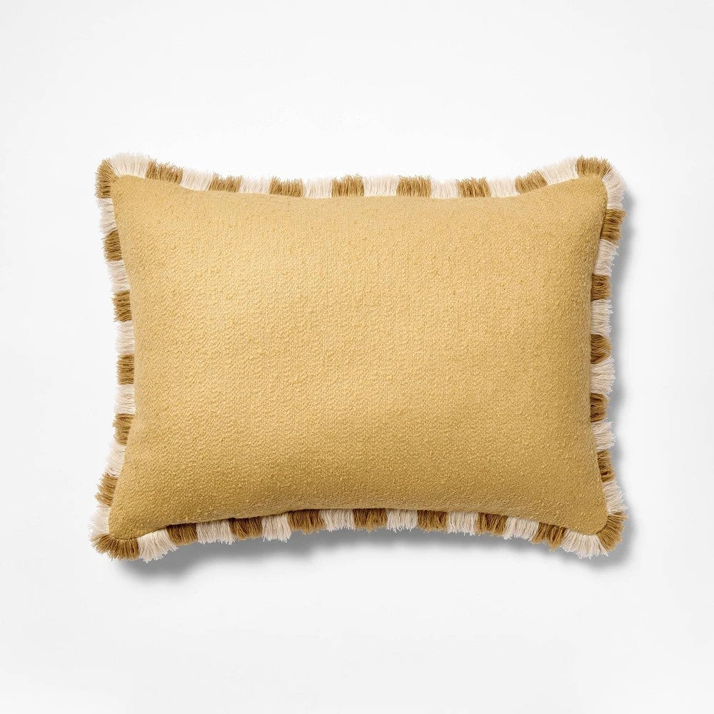 14’’x20’’ Sold Texture Lumbar Throw Pillow with Stripe Fringe Tan - Threshold™ Designed with Studio McGee - *Home Decor
