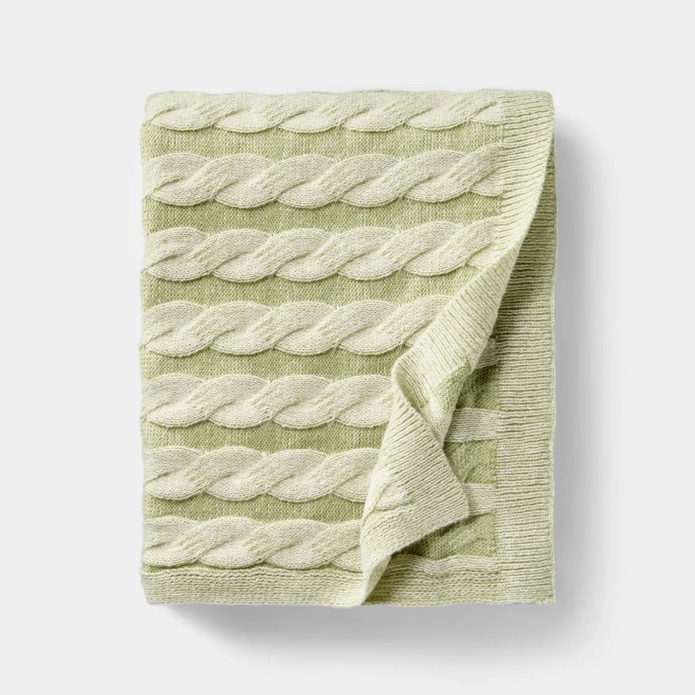 50’’x60’’ Twisted Cable Throw Blanket Green and Cream - Threshold™ Designed with Studio McGee - *Bedding