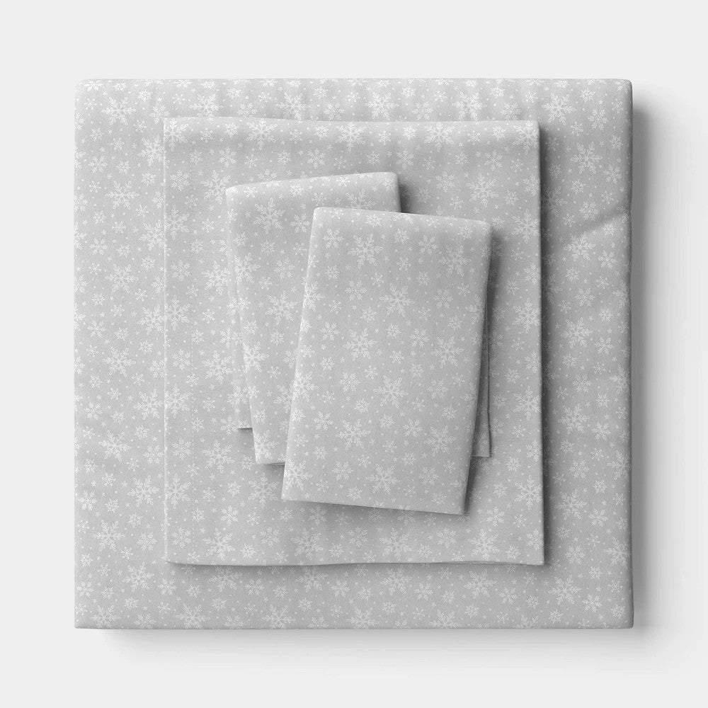 Queen Christmas Flannel Sheet Set Gray Snowflake - Wondershop
