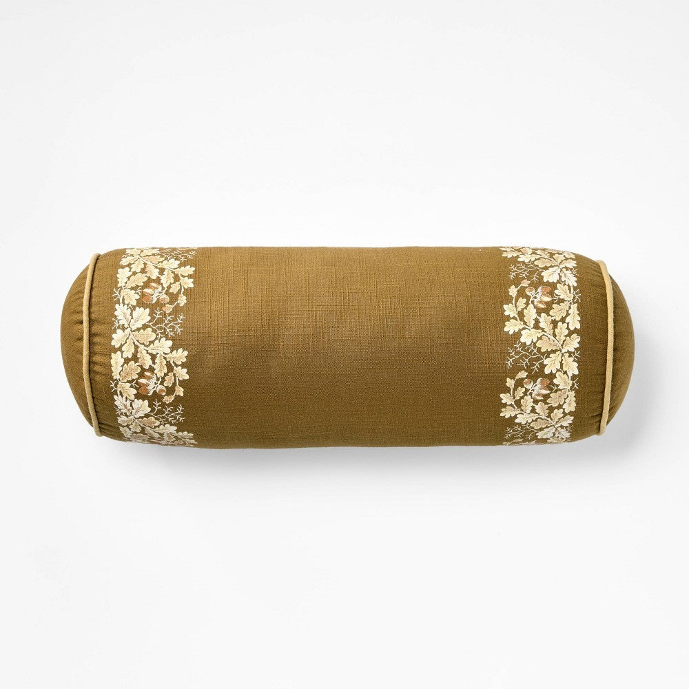 7’’x18’’ Oak Leaf Printed Bolster with Piping Throw Pillow Olive - Threshold™ Designed with Studio McGee - *Home Decor
