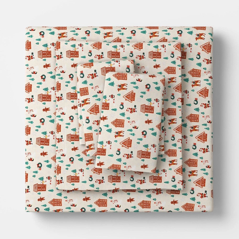 Queen Christmas Flannel Sheet Set Gingerbread Scene - Wondershop - *Bedding
