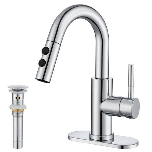 Single Handle High Arc Bathroom Sink Faucet with Pull Out Sprayer and Pop up Drain in Brushed Chrome