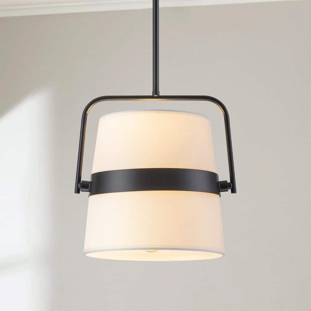 Emest 2-Light Modern Traditional Black and White Drum Fabric Pendant Light