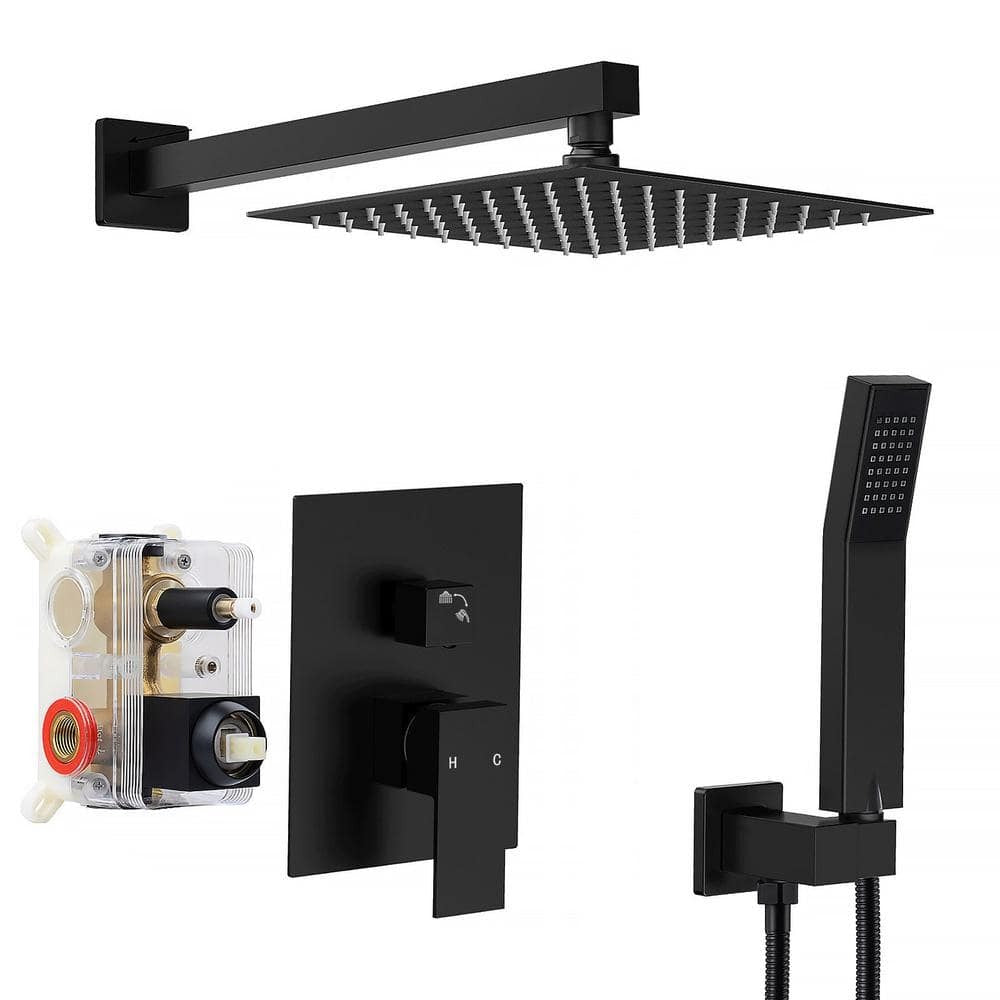 AKLFGN 12 in. Single Handle 2-Spray Shower Faucet 2.5 GPM with Pressure Balance, Anti Scald in. Matte Black