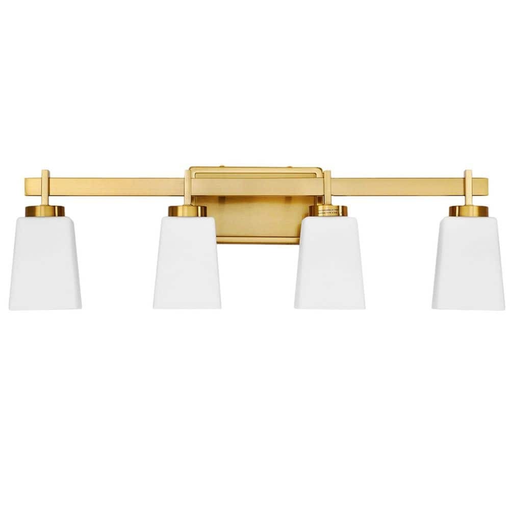 Morauroral 27.6 in. 4-Light Brushed Gold Bathroom Vanity Light with Frosted Glass Square Shades Classic Wall Sconce