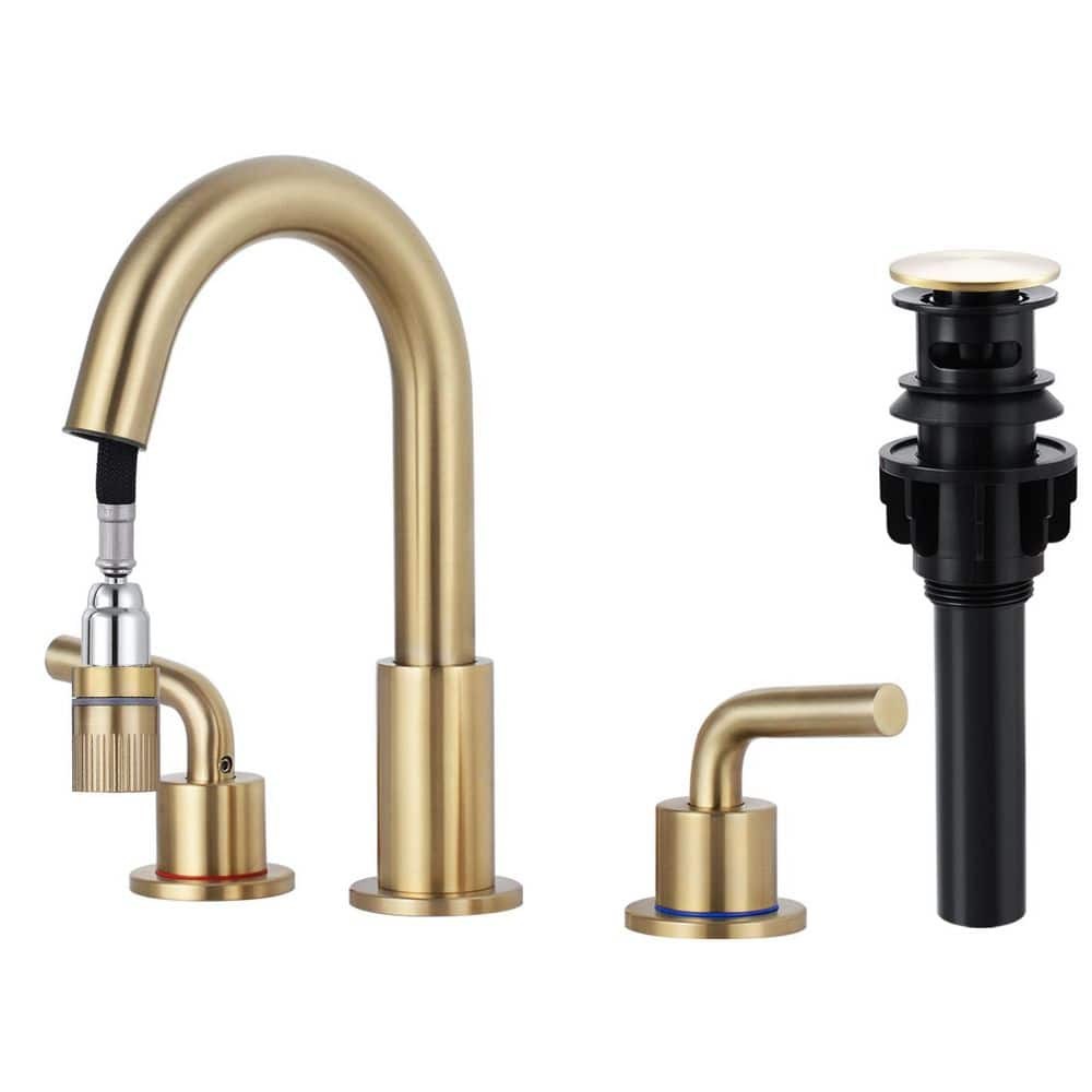 8 in. Widespread Double Handle Bathroom Faucet 3 Hole Pull Down Sink Faucet with Pop-up Drain in Brushed Gold