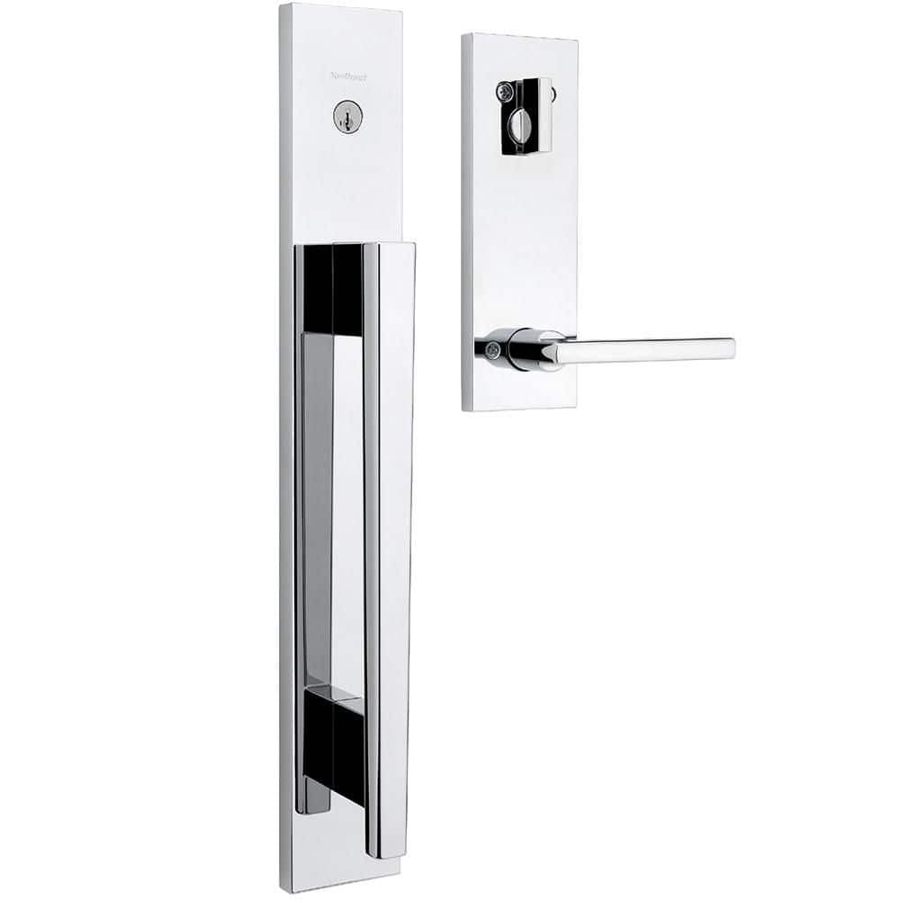Kwikset Caerus Front Door Lock Handle and Deadbolt Set, Entry Handleset Exterior with Interior Lever, Polished Chrome, SmartKey Re-Key Security, with KwikSlide, Door Handle Backplate Full Escutcheon