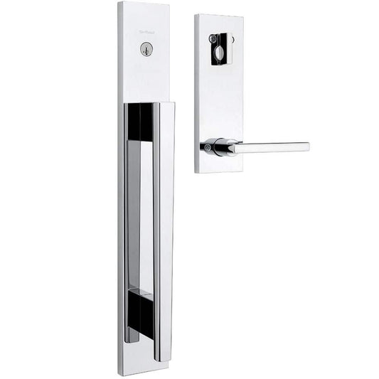 Kwikset Caerus Front Door Lock Handle and Deadbolt Set, Entry Handleset Exterior with Interior Lever, Polished Chrome, SmartKey Re-Key Security, with KwikSlide, Door Handle Backplate Full Escutcheon