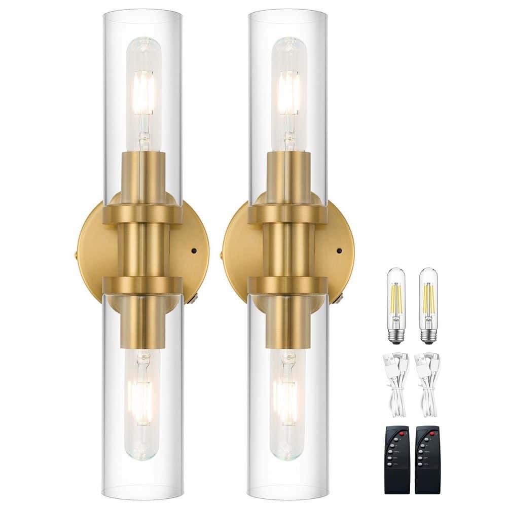 Morauroral 16.5 in. 2-Light Brushed Gold Rechargeable Battery Operated Wall Sconce(Set of 2) Luxury Dimmable LED Bedroom Wall Light