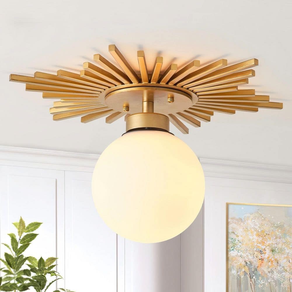 Flint Garden 17.72 in. 1-Light Antique Gold Semi-Flush Mount Ceiling Light Fixture with Glass Shade