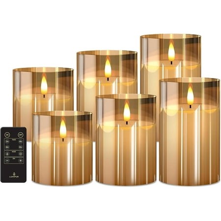 LumiPur Premium Design Series Glass Natural Glow Flameless LED Candle 6 Pack with Remote